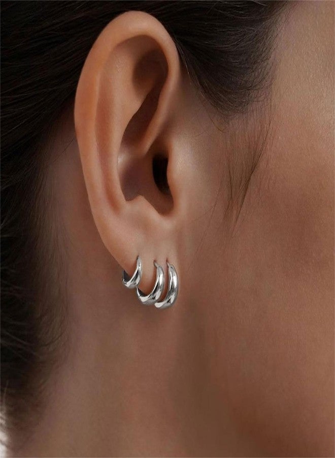 ASCOMY Hoop Earrings Set for Women Silver Huggie Hoops Earrings 14K White Gold Plated 3 Pairs Chunky Circle Hoop Buckle Earrings Set Lightweight Hypoallergenic Jewelry Gifts for Women - Image 3
